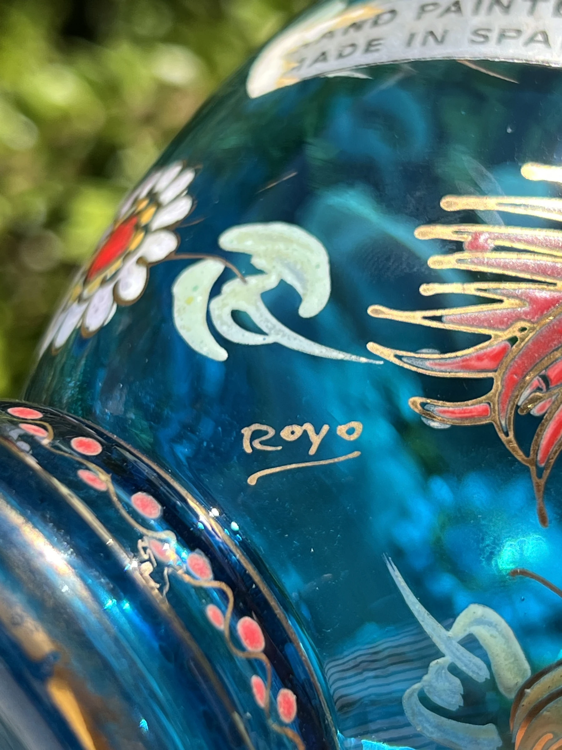 🩵 Vintage vaas van handgeschilderd glas Royo gesigneerd Made in Spain 17 cm – photo 11